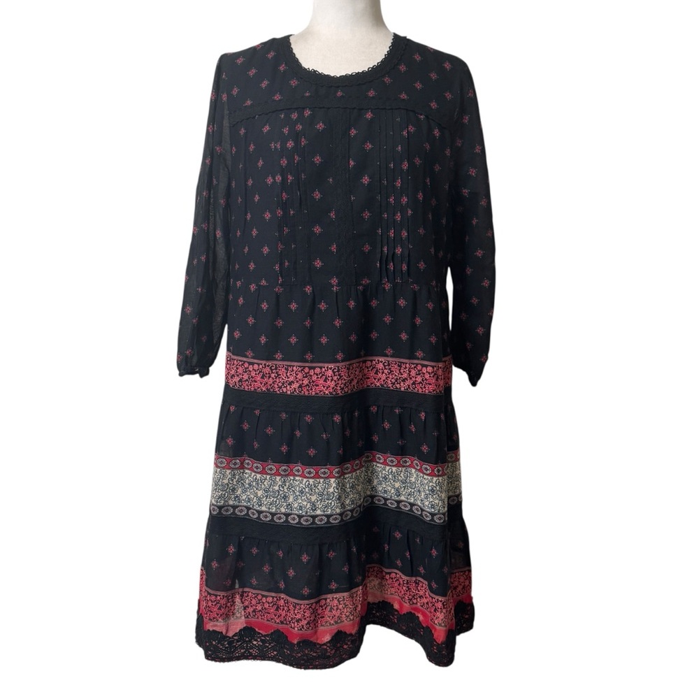 J Jill Medium  Peasant Boho Cottage Core Hippie Midi Ruffled‎ Bottom Lace Dress